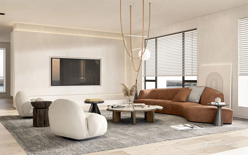 Modern Living Room Interior With Brown L Shaped Sofa White Chair TV Blinds And Chandelier 3d model 