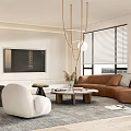 Modern Living Room Interior With Brown L Shaped Sofa White Chair TV Blinds And Chandelier