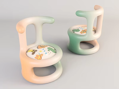 Kids Leisure Chairs In Pastel Pink Green With Rounded Armrests And Cartoon Animal Star Print Seats 3d model
