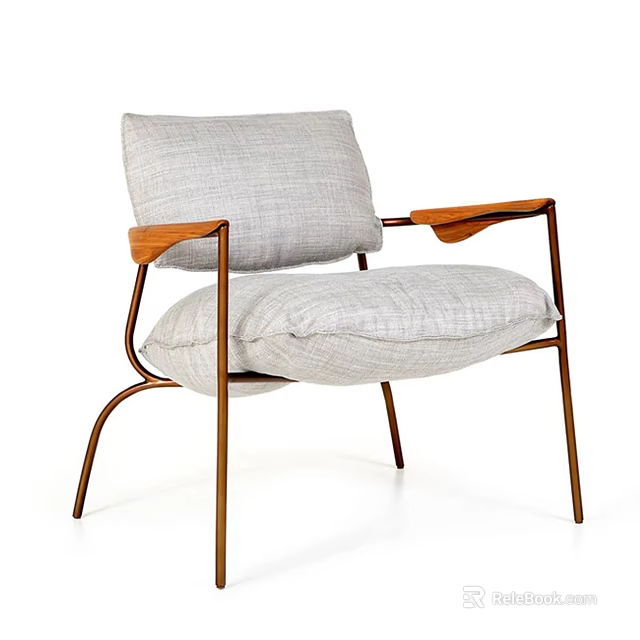 Modern Leisure Chair with Metal Frame Wooden Armrests and Light Gray Fabric Cushions 3d model 