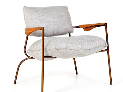 Modern Leisure Chair with Metal Frame Wooden Armrests and Light Gray Fabric Cushions 3d model