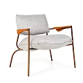 Modern Leisure Chair with Metal Frame Wooden Armrests and Light Gray Fabric Cushions