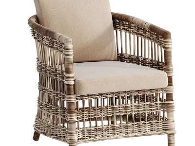 Natural Rattan Leisure Chair With Beige Cushion Woven Armrest And Backrest 3d model