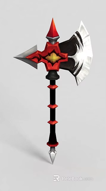 Decorative Battle Axe With Red Silver Blades And Black Long Handle Featuring Red Diamond Accents 3d model 
