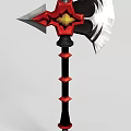 Decorative Battle Axe With Red Silver Blades And Black Long Handle Featuring Red Diamond Accents