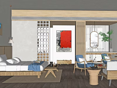Hotel Guest Room Interior With Wooden Partition Red Painting Bed Sofa And Round Mirror 3d model