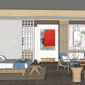 Hotel Guest Room Interior With Wooden Partition Red Painting Bed Sofa And Round Mirror