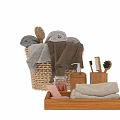 Practical Daily Washing Essentials With Rolled Towels Wicker Basket Brushes Soap Dispenser And Wooden Caddy