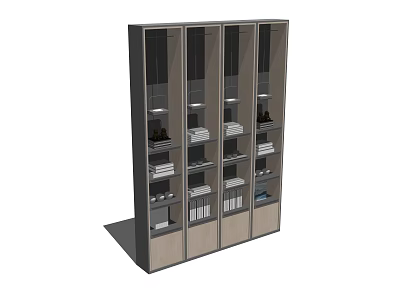 Modern Bookcase With Multiple Open Glass Shelves And Wooden Storage Drawers 3d model