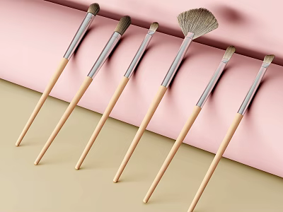 Professional Cosmetic Makeup Brushes With Wooden Handles And Various Shapes For Beauty Routine 3d model