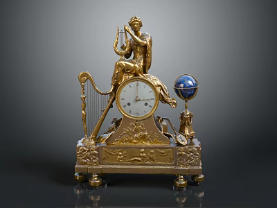 Golden Decorative Clock With Classical Statue Harp And Blue Globe Base 3d model