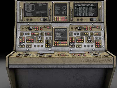 Worn Metal Control Console Featuring Multiple Displays Buttons Knobs And Serial Number PE10E SD32H 90AS 3d model