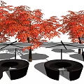 Black Circular Outdoor Sofa Setup With Red Leaf Trees And Umbrellas In Garden 3d model