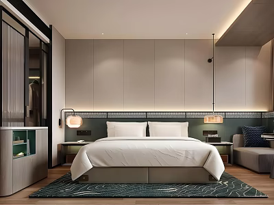 Modern Hotel Room Interior With King Bed White Linens Bedside Lamps Gray Walls And Decorative Rug 3d model