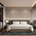 Modern Hotel Room Interior With King Bed White Linens Bedside Lamps Gray Walls And Decorative Rug