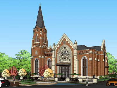 European Style Architecture With Tall Spire Red Brick Rose Window And Green Trees 3d model