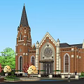 European Style Architecture With Tall Spire Red Brick Rose Window And Green Trees