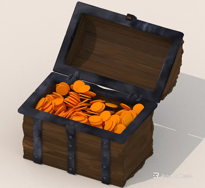 Open Wooden Chest Filled With Shiny Gold Coins And Metal Straps 3d model 