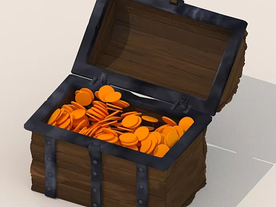 Open Wooden Chest Filled With Shiny Gold Coins And Metal Straps 3d model
