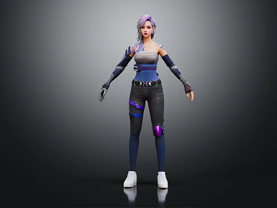 Game Style Female Character With Purple Hair And Magical Wolf Creature 3d model