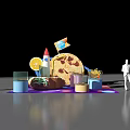 Colorful Interactive Zone Featuring Human Figures Pizza Drinks Hamburger And Rocket Model 3d model