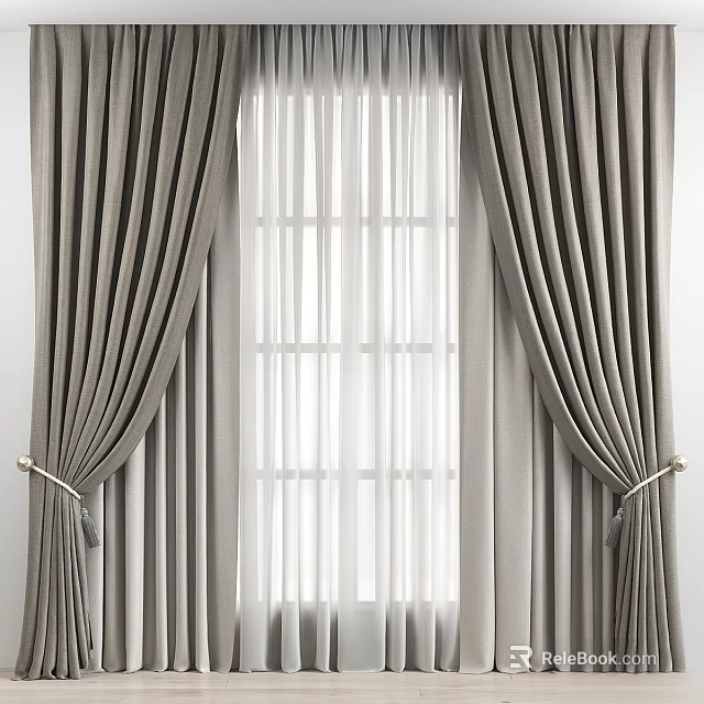 Modern Grey Curtains With White Sheer Panels And Tiebacks For Window 3d model