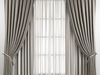 Modern Grey Curtains With White Sheer Panels And Tiebacks For Window 3d model