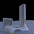 Modern Office Building With Two Tall Curved Structures Glass Curtain Walls And Lighting Effects