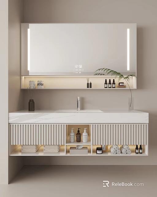 Elegant Modern Bathroom Vanity With Backlit Mirror Digital Time Display Potted Plant And Storage Cabinets 3d model 