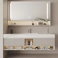Elegant Modern Bathroom Vanity With Backlit Mirror Digital Time Display Potted Plant And Storage Cabinets