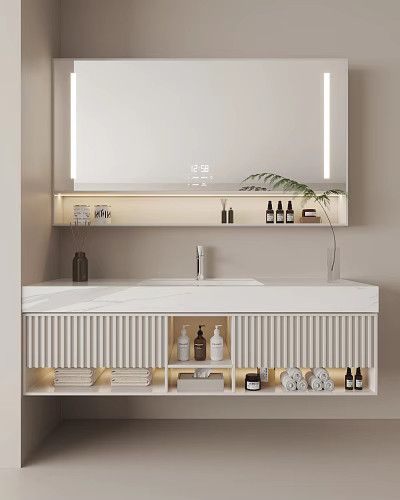 Elegant Modern Bathroom Vanity With Backlit Mirror Digital Time Display Potted Plant And Storage Cabinets 3d model