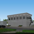 Modern Two Story Industrial Factory Building With White Exterior Windows Car In Front Staircase And Greenery