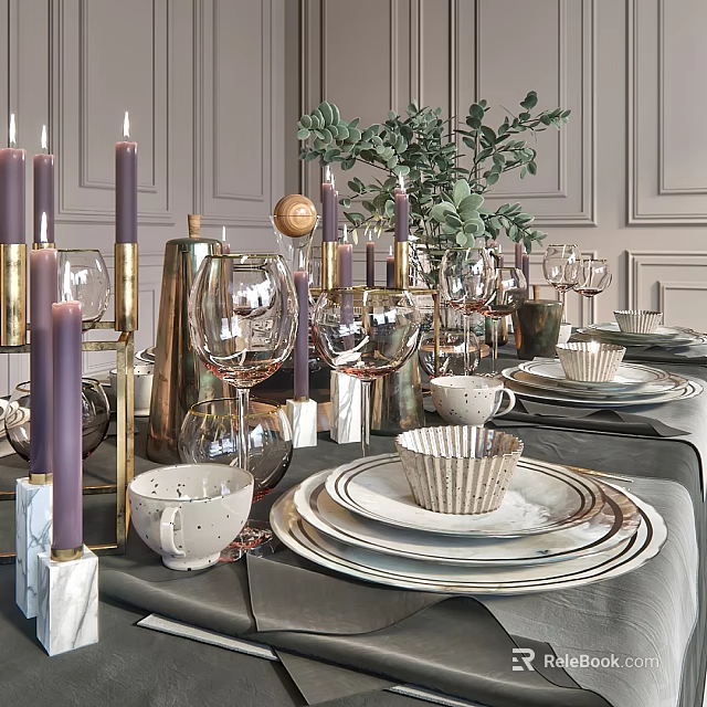 Elegant Dinnerware Set With Candles Wine Glasses Plates Cups And Greenery 3d model 