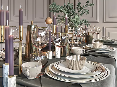 Elegant Dinnerware Set With Candles Wine Glasses Plates Cups And Greenery 3d model