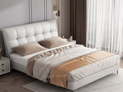 Elegant Modern Double Bed With White Leather Upholstered Headboard Brown Pillows And Beige Blanket 3d model