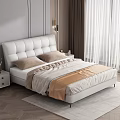 Elegant Modern Double Bed With White Leather Upholstered Headboard Brown Pillows And Beige Blanket
