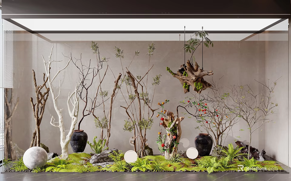 Natural Indoor Landscape Design With Decorative Branches Lush Greenery And Vases 3d model 