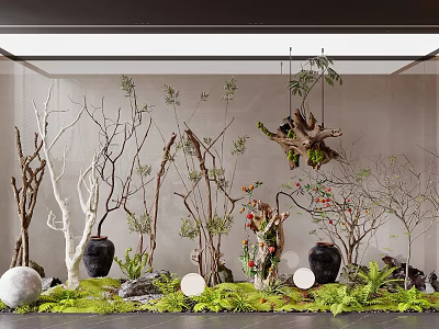 Natural Indoor Landscape Design With Decorative Branches Lush Greenery And Vases 3d model
