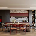 Modern Restaurant Interior With Dining Table Red Chairs And Marble Backsplash 3d model