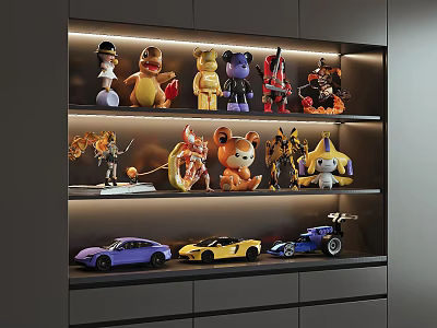 Illuminated Display Cabinet With Various Dolls And Model Cars On Multiple Shelves 3d model