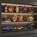 Illuminated Display Cabinet With Various Dolls And Model Cars On Multiple Shelves