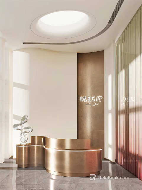 Modern Reception Desk Design With Curved Gold Frame And Art Decor Accents 3d model 