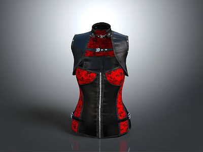 Black And Red Leather Vest With Decorative Pattern And Front Zipper Design 3d model