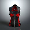 Black And Red Leather Vest With Decorative Pattern And Front Zipper Design