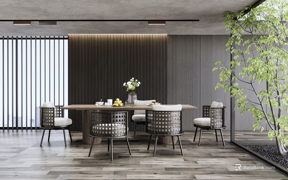 Modern Restaurant Dining Area With Wooden Table Rattan Chairs And Green Plant Decor 3d model 