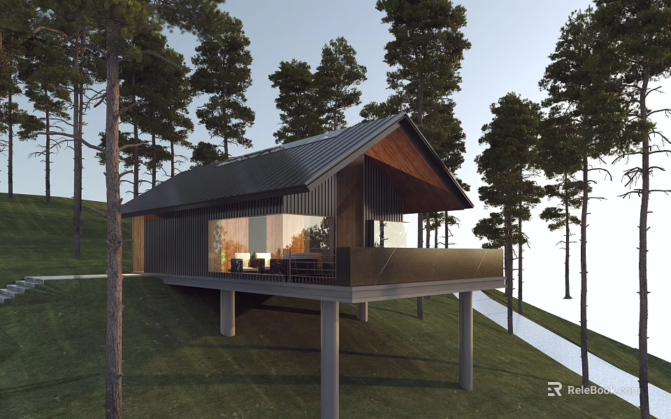 Modern Mountain Cabin With Elevated Deck Large Windows And Pine Forest Views 3d model