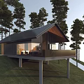 Modern Mountain Cabin With Elevated Deck Large Windows And Pine Forest Views 3d model