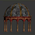 Ornate Dome Structure With Metal Tiled Surface Red Decorative Base And Tall Supporting Columns 3d model