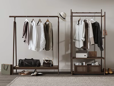 Wooden Clothes Racks With Hanging Clothes Bags And Shoes 3d model