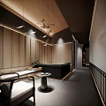Modern Elevator Corridor With Wooden Panel Walls Black Accents And Recessed Lighting
